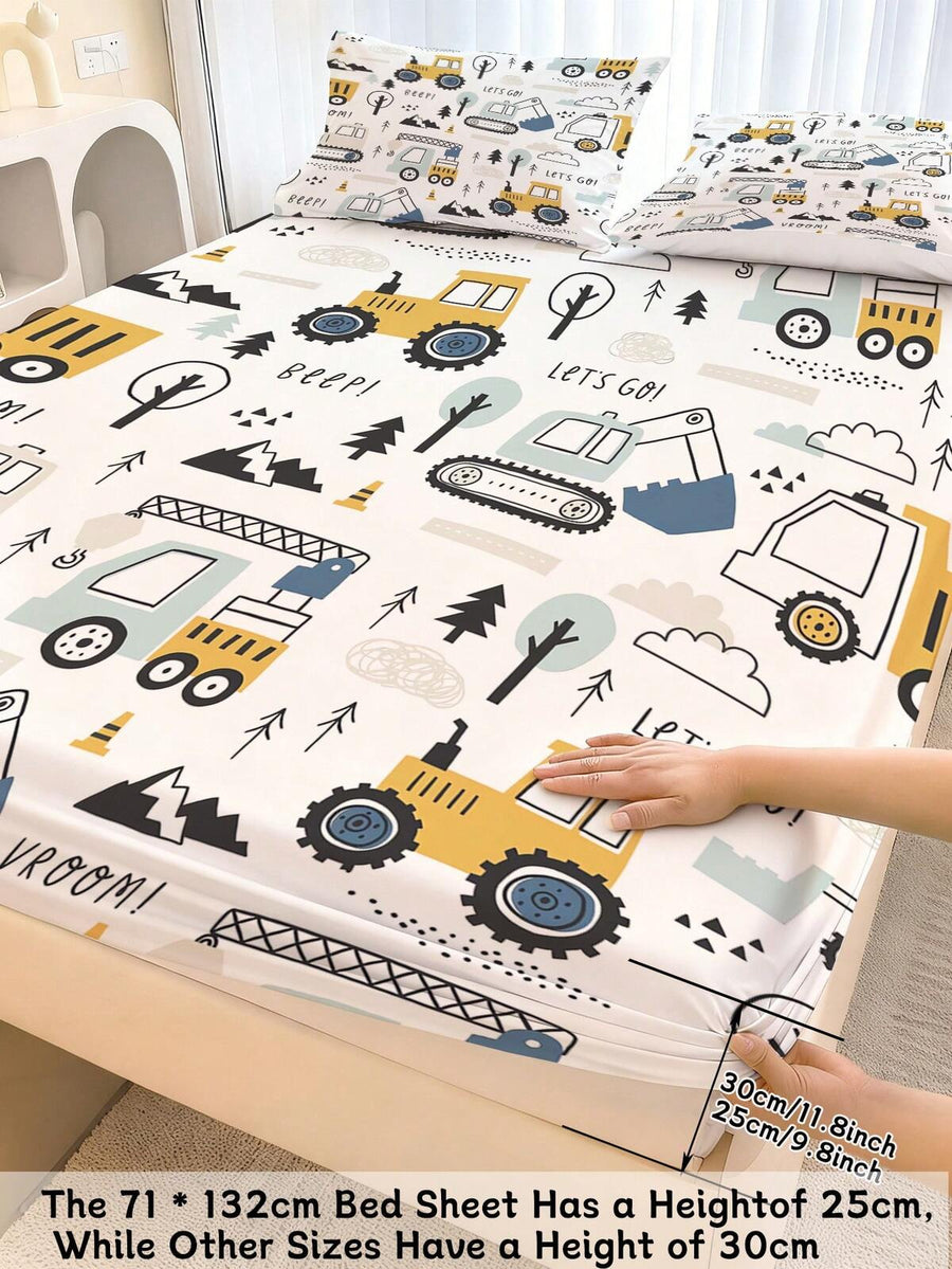 2/3pcs Boys Construction Vehicle Bedding Set - Soft Microfiber Fitted Sheet And Pillowcase, Excavator Truck Print Non-Slip Mattress Protector (Twin/Full Size)
